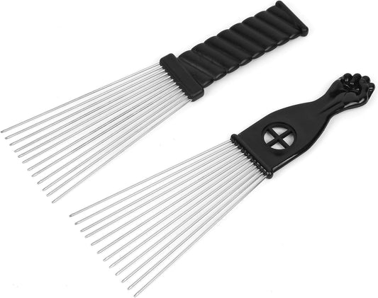 2 Pcs Afro Comb Metal African American Pick Comb Hairdressing Styling Tool Hair Pick for Hair Styling (Black-4, 2Pack)