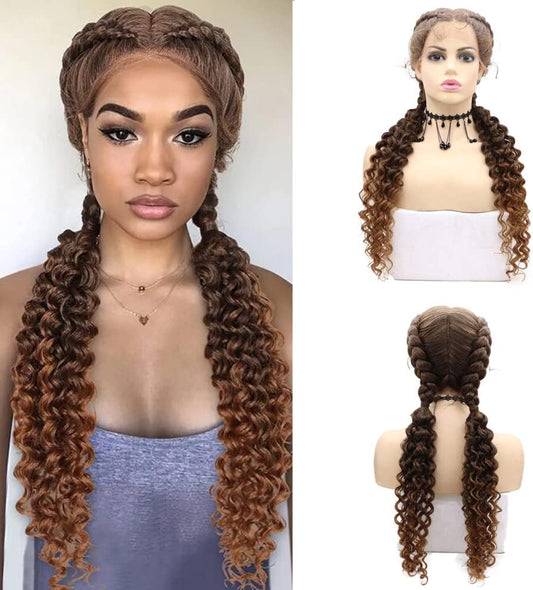 Black Brown Double Braids Wig for Women 26 Inch Fully Handmade Brown Mix Black Middle Part Braided Wig with Baby Hair Synthetic Curly Ends Braid Lace Wig Heat Resistant Fiber Hair Replacement Party Cosplay Makeup Wig