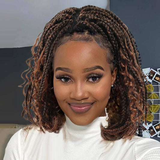 4X4 Lace Front Bob Braided Wigs for Black Women Short Boho Knotless Braid Wig with Baby Hair Synthetic Ombre Brown Box Braid Wig with Boho Curly Wigs Blended Braided Real Hair Wigs