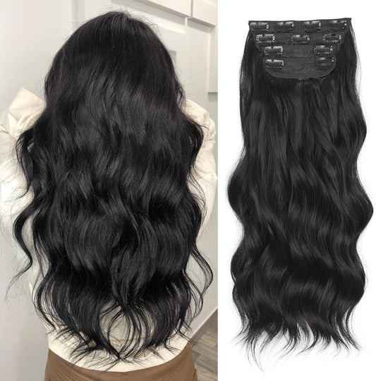 4PCS Hair Extensions 20 Inch Thick Invisible Wire Black, Adjustable Clips in Hairpieces Long Wavy Curly Synthetic Fiber Hairextension Wig, Removable Secure Clip in Full Head for Women