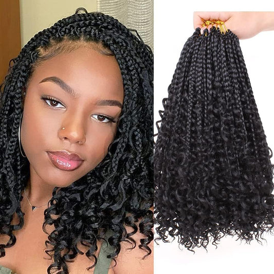 14 Inch Boho Box Braids Crochet Hair 8 Packs Bohomian Crochet Box Braids Curly Ends Pre-Looped Messy Goddess Box Braids Hair Extension for Women 1B#